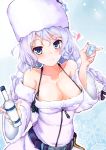  1girl :3 aqua_eyes aurora_(azur_lane) azur_lane bangs bare_shoulders belt blush braid breasts cleavage closed_mouth coat collarbone commentary_request curly_hair detached_sleeves disconnected_mouth eyebrows_visible_through_hair fur-trimmed_coat fur_trim halterneck hat heart high_belt holding large_breasts lavender_coat lavender_hair long_hair long_sleeves looking_at_viewer loose_belt no_bra raised_eyebrows smile snowflakes solo spaghetti_strap tetsuhige twin_braids upper_body very_long_hair white_hat wide_sleeves winter_clothes winter_coat 
