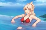  1girl arm_rest armpits beach bikini blonde_hair blue_sky blurry boat breasts cleavage collarbone depth_of_field fate/grand_order fate_(series) front-tie_bikini front-tie_top green_eyes island looking_at_viewer medium_breasts mordred_(fate) mordred_(fate)_(all) mordred_(swimsuit_rider)_(fate) ocean partially_submerged ponytail pool red_bikini sitting sky smile solo swimsuit unsomnus upper_body water watercraft 