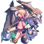  1girl :d ahoge beize_(garbage) bow bowtie broom character_request dragon eyebrows_visible_through_hair fang full_body holding holding_broom loafers long_sleeves looking_at_viewer open_mouth pink_hair pleated_skirt shoes short_hair shoulder_pads skirt smile summon_night 
