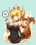 black_collar black_dress blonde_hair blue_eyes bowsette bracelet collar covered_navel crown dress earrings fingernails highres horns jewelry new_super_mario_bros._u_deluxe nintendo pointy_ears sharp_fingernails sharp_teeth siriuf skirt spiked_armlet spiked_bracelet spiked_collar spiked_shell spiked_tail spikes strapless strapless_dress super_crown super_mario_bros. tail tail_raised teeth turtle_shell