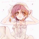  1girl adjusting_headwear brown_eyes brown_hair character_name closed_mouth commentary_request dress english eyebrows_visible_through_hair happy_birthday hat highres kuroi_mimei looking_at_viewer medium_dress nishizumi_miho short_hair smile solo spaghetti_strap standing sundress upper_body white_background white_dress white_hat wind wind_lift 