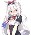  1girl american_flag american_flag_print animal_ear_fluff animal_ears azur_lane bangs black_dress blush bow breasts cat_ears choker cleavage collarbone commentary_request dress eyebrows_visible_through_hair flag_print green_eyes hair_between_eyes hair_bow hammann_(azur_lane) head_tilt highres long_hair looking_at_viewer nose_blush olive_(laai) open_mouth print_neckwear puffy_short_sleeves puffy_sleeves red_bow red_choker short_sleeves silver_hair simple_background small_breasts solo upper_body very_long_hair white_background 