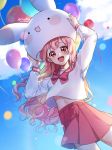  1girl :d animal_ears animal_hat arms_up balloon bangs blue_sky blush bunny_hat chyoling clouds commentary day dutch_angle eyebrows_visible_through_hair hat long_hair long_sleeves open_mouth original outdoors pink_hair pleated_skirt rabbit_ears red_eyes red_sailor_collar red_skirt round_teeth sailor_collar school_uniform serafuku shirt skirt sky smile solo symbol_commentary teeth twitter_username upper_teeth very_long_hair white_shirt 