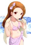 1girl bikini bow breasts brown_eyes brown_hair chestnut_mouth dated hair_bow hands_up highres holding holding_towel idolmaster idolmaster_(classic) long_hair looking_at_viewer minase_iori nagian navel purple_bikini_top small_breasts solo standing towel water