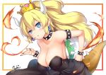 1girl bare_shoulders black_nails blonde_hair blue_earrings blue_eyes blush bowsette bracelet breasts cleavage collar collarbone crown earrings eyebrows_visible_through_hair fire hand_on_hip highres jewelry large_breasts long_hair looking_at_viewer super_mario_bros. nail_polish new_super_mario_bros._u_deluxe nintendo pointy_ears ponytail signature solo spiked_armlet spiked_bracelet spiked_collar spikes subaru_(794829485) super_crown tail white_background 