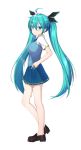  1girl ahoge aqua_eyes aqua_hair breasts commission eyebrows_visible_through_hair full_body hair_ribbon hands_on_hips hatsune_miku long_hair looking_at_viewer medium_breasts pleated_skirt ribbon skirt smile solo standing tttanggvl twintails vocaloid white_background 