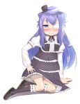  1boy black_dress bloomers blue_hair blush dress eyepatch gothic_lolita grin hacka_doll hacka_doll_3 hat highres kneehighs lolita_fashion long_hair male_focus mary_janes mini_hat mini_top_hat otoko_no_ko pajhmh shoes smile top_hat underwear violet_eyes 