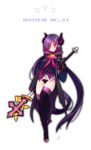  1girl aisha_(elsword) artist_request demon_horns elemental_master_(elsword) elsword holding holding_weapon hood hoodie horns long_hair panties pointy_ears red_eyes staff underwear weapon 