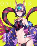 1girl ban bare_shoulders breasts dudou eyeliner fate/grand_order fate_(series) gourd hair_ornament highres horns looking_at_viewer makeup navel oni ponytail purple_hair revealing_clothes short_hair shuten_douji_(fate/grand_order) simple_background smile solo violet_eyes yellow_background 