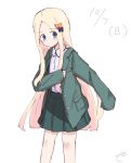  1girl abigail_williams_(fate/grand_order) bangs black_bow blazer blonde_hair blue_eyes blush bow closed_mouth collared_shirt commentary_request dated dressing eyebrows_visible_through_hair fate/grand_order fate_(series) forehead green_jacket green_skirt hair_bow highres jacket kujou_karasuma long_hair long_sleeves looking_at_viewer open_blazer open_clothes open_jacket orange_bow parted_bangs pleated_skirt school_uniform shirt signature simple_background sketch skirt sleeves_past_fingers sleeves_past_wrists solo standing very_long_hair white_background white_shirt 