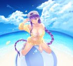  1girl absurdres backwards_hat bangs bare_shoulders baseball_cap bb_(fate)_(all) bb_(swimsuit_mooncancer)_(fate) bikini blue_sky blush breasts cait cleavage closed_mouth clouds collarbone day fate/grand_order fate_(series) hand_gesture hand_up hat highres horizon huge_filesize jacket large_breasts licking_lips long_braid long_hair looking_at_viewer midriff navel ocean off_shoulder one_eye_closed shirt sideways_hat sitting skirt sky smile solo star_hat_ornament swimsuit thighs tongue tongue_out v very_long_hair waist wariza white_bikini_top white_footwear yellow_jacket yellow_skirt 