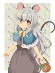  1girl adapted_costume alternate_hair_length alternate_hairstyle animal_ears bangs basket belt blush_stickers capelet clenched_hand commentary_request cowboy_shot dress expressionless eyebrows_visible_through_hair frilled_capelet frills grey_background grey_dress grey_hair hair_between_eyes harakune_(mugennero) highres holding holding_basket jewelry light_particles long_hair looking_at_viewer mouse_ears mouse_tail nazrin necklace pendant polka_dot polka_dot_background red_eyes shiny shiny_hair solo tail touhou very_long_hair 
