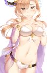  1girl absurdres armband ass bangs bare_shoulders bikini blush breasts brown_eyes brown_hair cape cleavage closed_mouth collarbone eyebrows_visible_through_hair flower gluteal_fold granblue_fantasy groin hair_between_eyes hair_ornament hand_on_own_chest head_wings highres jewelry large_breasts long_hair looking_at_viewer mengo navel simple_background skindentation smile solo song_(granblue_fantasy) standing swimsuit thighs white_background 