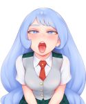  1girl :p absurdly_long_hair blue_eyes blue_hair blush boku_no_hero_academia breasts hadou_nejire half-closed_eyes highres long_hair looking_at_viewer medium_breasts naughty_face open_mouth pleated_skirt school_uniform short_sleeves shpo simple_background skirt solo tongue tongue_out upper_body very_long_hair white_background 