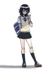  1girl andou_(girls_und_panzer) arm_behind_back bag bangs bc_freedom_school_uniform black_hair black_legwear black_skirt blue_neckwear brown_eyes brown_footwear carrying cellphone closed_mouth commentary dark_skin diagonal_stripes dress_shirt full_body girls_und_panzer highres holding holding_cellphone holding_phone inumoto light_frown loafers medium_hair messy_hair necktie phone pleated_skirt red_neckwear school_bag school_uniform shirt shoes short_sleeves simple_background sketch skirt smartphone socks solo standing striped striped_neckwear summer_uniform sweater sweater_vest v-neck white_background white_shirt wing_collar yellow_sweater 