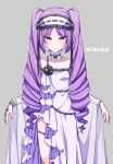  1girl bare_shoulders black_bow blush bow bracelet character_name closed_mouth collarbone drill_hair euryale eyebrows_visible_through_hair fate/grand_order fate_(series) grey_background headdress highres jewelry long_hair looking_at_viewer purple_hair sajiwa_(namisippo) simple_background smile solo twin_drills very_long_hair violet_eyes 