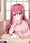  1girl acchii_(akina) alternate_costume bow coffee commentary_request cup flower hair_bow hair_flower hair_ornament hand_on_own_face highres kamikaze_(kantai_collection) kantai_collection long_hair looking_at_viewer pink_eyes pink_sweater purple_hair ribbed_sweater smile solo sweater teacup upper_body window yellow_bow 