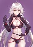  1girl absurdres ahoge atora bangs belt bikini black_bikini black_choker black_gloves black_jacket blush breasts choker closed_mouth collarbone cropped_jacket fate/grand_order fate_(series) gloves hand_on_hip highres hips jacket jeanne_d&#039;arc_(alter_swimsuit_berserker) jeanne_d&#039;arc_(fate)_(all) large_breasts long_hair looking_at_viewer navel o-ring o-ring_bikini pale_skin purple_background silver_hair simple_background smile solo swimsuit thighs very_long_hair waist yellow_eyes 