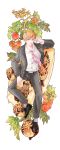  1boy belt black_footwear black_pants black_suit blonde_hair food formal full_body grey_eyes hand_up highres looking_at_viewer male_focus mob_psycho_100 necktie pants pink_neckwear reigen_arataka rigorous_winter shirt shoes solo suit takoyaki tomato white_background white_shirt 