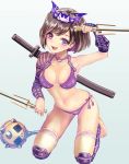  1girl :d barefoot bat_hair_ornament bikini blue_background breasts brown_hair dual_wielding fingerless_gloves full_body gloves hair_ornament holding katana kneeling mace medium_breasts navel ninja non_(6nezuuyamar9) open_mouth original purple_bikini purple_gloves sai_(weapon) sheath sheathed shin_guards simple_background smile solo swimsuit sword thigh_strap violet_eyes weapon 