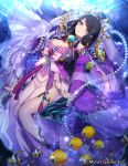  beads black_hair blue_background blue_eyes breasts cleavage detached_sleeves fish full_body gold_trim gyakushuu_no_fantasica hair_ornament highres katagiri_hachigou long_hair looking_at_viewer medium_breasts official_art pearl sunlight tassel thighlet tropical_fish underwater very_long_hair wide_sleeves 