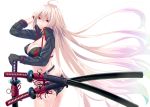  1girl ahoge bikini black_bikini black_gloves commentary_request fate/grand_order fate_(series) gloves jeanne_d&#039;arc_(alter_swimsuit_berserker) jeanne_d&#039;arc_(fate)_(all) katana long_hair looking_at_viewer scabbard sheath sheathed shrug_(clothing) silver_hair simple_background single_glove solo swimsuit sword tetranono very_long_hair weapon white_background yellow_eyes 