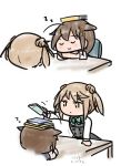  2girls artist_name black_hair black_serafuku book book_on_head braid chair chibi closed_eyes curse_(023) dated double_bun dress hair_bun hair_flaps hair_over_shoulder kantai_collection light_brown_hair michishio_(kantai_collection) multiple_girls object_on_head pinafore_dress remodel_(kantai_collection) school_uniform serafuku shigure_(kantai_collection) short_twintails simple_background sleeping stacking table twintails upper_teeth white_background zzz 