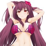  1girl alternate_costume armpits arms_up bikini breasts cleavage commentary_request fate/grand_order fate_(series) flower hair_flower hair_intakes hair_ornament hands_in_hair hibiscus hinata_shinsaki large_breasts looking_at_viewer navel pink_bikini purple_bikini purple_hair red_eyes scathach_(fate)_(all) scathach_(fate/grand_order) scathach_(swimsuit_assassin)_(fate) solo swimsuit white_background 