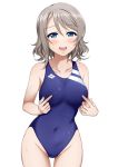  1girl bangs bare_shoulders blue_eyes blush breasts collarbone commentary_request competition_swimsuit covered_navel eyebrows_visible_through_hair gluteal_fold grey_hair hair_between_eyes large_breasts looking_at_viewer love_live! love_live!_sunshine!! miel_(lessontome) one-piece_swimsuit open_mouth short_hair simple_background smile solo swimsuit thigh_gap upper_teeth watanabe_you wet white_background 