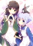  2girls ama_usa_an_uniform animal animal_on_head anko_(gochiusa) apron bangs blue_eyes blue_hair blunt_bangs book brown_hair bunny_head double_bun flower frilled_apron frills gochuumon_wa_usagi_desu_ka? green_eyes green_kimono hair_flower hair_ornament japanese_clothes kafuu_chino kimono light_blue_hair long_hair looking_at_viewer multiple_girls on_head polka_dot_trim shiratama_(shiratamaco) striped striped_kimono ujimatsu_chiya white_apron 