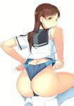  1girl absurdres ass bangs blush breasts brown_eyes brown_hair eyebrows_visible_through_hair from_behind highres long_hair looking_at_viewer looking_back medium_breasts mibu_natsuki open_mouth original parted_lips sailor_collar scan school_uniform shiny shiny_hair simple_background socks solo squatting swimsuit swimsuit_pull swimsuit_under_clothes white_background white_legwear 
