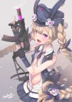  1girl :d animal_ears animal_hat arm_up bangs black_gloves blonde_hair blue_hat blue_neckwear blue_ribbon blue_skirt blue_vest blush braid bunny_hat commentary_request dress_shirt fang fingerless_gloves girls_frontline gloves gun hair_between_eyes hair_ribbon hand_up hat holding holding_gun holding_weapon jacket long_hair looking_at_viewer navel necktie object_namesake open_clothes open_jacket open_mouth open_shirt peaked_cap pleated_skirt rabbit_ears ribbon shirt short_necktie signature skirt smile smoke solo sr-3mp sr-3mp_(girls_frontline) standing trigger_discipline twin_braids twintails v-shaped_eyebrows very_long_hair vest violet_eyes weapon white_shirt yaosera 