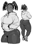  1girl ass big_lips braid breasts commentary_request dark_skin eyeshadow hands_in_pockets highres large_breasts mole mole_under_mouth original parted_lips plump shoes simple_background sketch sneakers solo synecdoche thick_thighs thighs twin_braids white_background 