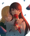 2girls bangs black_hair blonde_hair blurry blurry_background blurry_foreground closed_eyes closed_mouth dress eyebrows_visible_through_hair flower green_dress hair_over_one_eye holding holding_flower hug ib ib_(ib) koyorin looking_at_viewer mary_(ib) multiple_girls palette_knife petals red_eyes red_flower red_rose rose shirt smile upper_body white_background white_shirt 