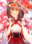  1girl :3 autumn bangs bare_shoulders blurry blurry_background bright_pupils brown_hair bunching_hair closed_mouth depth_of_field detached_sleeves dhfz181 flower hair_flower hair_ornament hakama hand_up head_tilt japanese_clothes kimono light_rays long_hair long_sleeves obi original pink_lips red_flower red_hakama red_ribbon ribbon sash smile solo sunbeam sunlight tassel upper_body white_flower white_kimono wide_sleeves yellow_eyes 