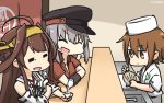  +++ 3girls =3 =_= ^_^ ^o^ ahoge alcohol alternate_costume bare_shoulders black_hat brown_eyes brown_gloves brown_hair closed_eyes closed_eyes commentary_request dated detached_sleeves double_bun gangut_(kantai_collection) gloves grey_hair hairband hamu_koutarou hat headgear highres holding japanese_clothes kantai_collection kongou_(kantai_collection) long_hair multiple_girls nontraditional_miko open_mouth peaked_cap red_shirt ribbon-trimmed_sleeves ribbon_trim sake shirt short_hair short_sleeves shoshinsha_mark smile v-shaped_eyebrows wakaba_(kantai_collection) 