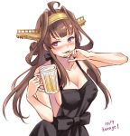  1girl alcohol alternate_costume apron beer black_apron blush breasts brown_hair cup eyebrows_visible_through_hair kantai_collection kongou_(kantai_collection) large_breasts long_hair looking_at_viewer medium_breasts naked_apron simple_background solo u0709 violet_eyes white_background 