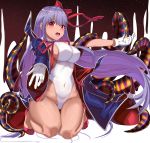  1girl bangs bb_(fate)_(all) bb_(swimsuit_mooncancer)_(fate) black_coat blunt_bangs breasts covered_navel fate/grand_order fate_(series) foreshortening full_body gatari gloves hair_ribbon highres impossible_clothes impossible_leotard kneeling leotard looking_at_viewer medium_breasts popped_collar purple_hair red_eyes red_footwear red_ribbon ribbon sideboob solo tan tentacle white_gloves white_leotard 