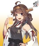  1girl ahoge alcohol apron beer beer_mug brown_hair detached_sleeves double_bun hairband headgear japanese_clothes kantai_collection kongou_(kantai_collection) konishi_(koconatu) long_hair looking_at_viewer nontraditional_miko official_art remodel_(kantai_collection) ribbon-trimmed_sleeves ribbon_trim violet_eyes 