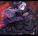  1girl black_dress black_hat breasts butterfly_hat_ornament commentary_request dress gloves glowing glowing_eyes grey_hair hat idolmaster idolmaster_cinderella_girls idolmaster_cinderella_girls_starlight_stage juliet_sleeves kanna543 kanzaki_ranko long_hair long_sleeves medium_breasts outstretched_hand puffy_sleeves purple_gloves purple_legwear red_eyes silk solo spider_web thigh-highs tilted_headwear v 