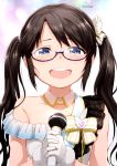 1girl :d black_hair blue-framed_eyewear blue_eyes blush bow dated detached_collar fur_trim glasses gloves hair_bow highres holding holding_microphone idolmaster idolmaster_shiny_colors looking_at_viewer microphone mitsumine_yuika nagian open_mouth smile solo strap_slip striped striped_bow tearing_up twintails upper_body white_background white_bow white_collar white_gloves