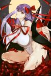 1girl bb_(fate)_(all) bb_(fate/extra_ccc) black_coat breasts fate/extra fate/extra_ccc fate_(series) hair_between_eyes hair_ribbon large_breasts leotard long_hair looking_at_viewer neck_ribbon one_knee purple_hair pvc_parfait red_eyes red_ribbon ribbon smile solo twitter_username very_long_hair white_leotard wide_sleeves 
