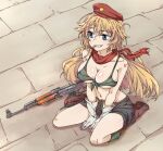  1girl ak-47 ak-47_(girls&#039;_frontline) assault_rifle beret bikini black_shorts blonde_hair blue_eyes boots breasts bullet commentary front-tie_bikini front-tie_top girls_frontline green_bikini grin gun hammer_and_sickle hammer_and_sickle_tattoo hat kalashnikov_rifle kneeling korean_commentary large_breasts long_hair looking_to_the_side mouth_hold navel red_headwear red_scarf rifle scarf shorts sidarim sitting smile solo star_(symbol) swimsuit teeth weapon 