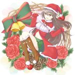  1girl :d alternate_costume bell black_hair brown_eyes brown_footwear christmas detached_sleeves full_body fur-trimmed_boots fur_trim green_skirt gurifu hair_between_eyes hair_ornament hairclip haruna_(kantai_collection) hat highres kantai_collection long_hair looking_at_viewer midriff mistletoe navel open_mouth pinecone pleated_skirt santa_costume santa_hat skirt smile solo white_background 