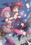  2girls :3 back bat blue_eyes broom broom_riding brown_hair bug butterfly city_lights cityscape earrings frilled_legwear frills hair_ornament hairclip hat high_heels idolmaster idolmaster_cinderella_girls insect jewelry koshimizu_sachiko magical_girl moon multiple_girls nanonin night night_sky pink_legwear purple_hair shimamura_uzuki short_hair sky sweat thigh-highs wand witch_hat yellow_eyes 