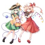  2girls ;p ascot black_hat blonde_hair blush boots bow breasts carrying cat collared_shirt crystal eyeball flandre_scarlet frilled_shirt frilled_shirt_collar frilled_skirt frilled_sleeves frills green_eyes green_hair green_skirt hat hat_bow hat_ribbon heart heart_of_string highres komeiji_koishi long_hair long_skirt long_sleeves looking_at_viewer medium_hair mob_cap multiple_girls one_eye_closed pudding_(skymint_028) puffy_short_sleeves puffy_sleeves rabbit red_bow red_eyes red_ribbon red_skirt red_vest ribbon shirt short_sleeves side_ponytail simple_background skirt skirt_set small_breasts socks string third_eye tongue tongue_out touhou vest wavy_hair white_background white_legwear white_shirt wide_sleeves wings wrist_cuffs yellow_neckwear yellow_ribbon yellow_shirt 
