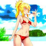  1girl ass_visible_through_thighs bikini blonde_hair blush breasts fate/grand_order fate_(series) food green_eyes legs_apart looking_at_viewer medium_breasts mordred_(fate) mordred_(fate)_(all) navel nike_(0306) ponytail popsicle red_bikini side-tie_bikini solo swimsuit tongue tongue_out 