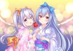  2girls :d absurdres aoba_chise aoba_project aoba_rena blue_bow blue_hair blush bow candy_apple closed_mouth eyebrows_visible_through_hair fingernails floral_print food hair_between_eyes hair_bow hairband highres holding huge_filesize japanese_clothes kimono lavender_hair long_hair looking_at_viewer multiple_girls obi open_mouth orange_bow red_eyes sakura_moyon sash siblings sidelocks sisters smile twintails upper_body very_long_hair violet_eyes water_yoyo yukata 