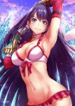  1girl arm_up armpits bangs bikini blue_eyes blue_sky blurry blurry_background blush breasts choker cleavage clouds collarbone commentary_request cowboy_shot cross cross_choker earrings elbow_gloves fate/grand_order fate_(series) frilled_bikini frills gauntlets gloves grin groin hand_in_hair highres hips jewelry large_breasts long_hair looking_at_viewer navel purple_hair red_gloves saint_martha saint_martha_(swimsuit_ruler)_(fate) sakiyamama skindentation sky smile solo sparkle splashing stomach swimsuit waist water water_drop waves wet white_bikini 