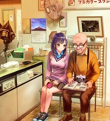  1boy 1girl bald black_footwear black_hair book box brown_eyes brown_footwear brown_pants calendar_(object) camera cellphone chair display_case fan glasses indoors looking_at_another non_(6nezuuyamar9) old_man open_book original painting_(object) pants pencil phone plaid plaid_skirt ribbed_sweater shelf shoes sitting skirt smile sneakers sweater 